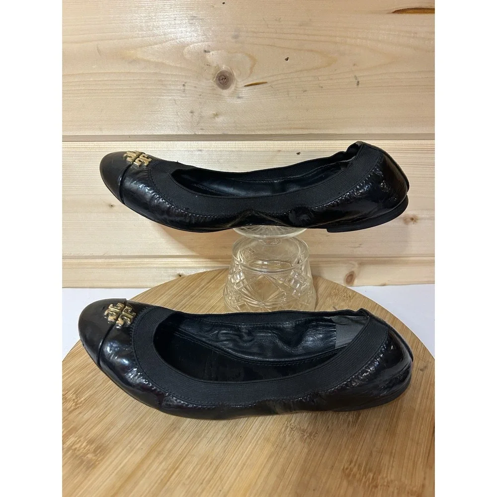 TORY BURCH Jolie Leather Double T Ballet Flats Women's Size 7.5M Black EUC